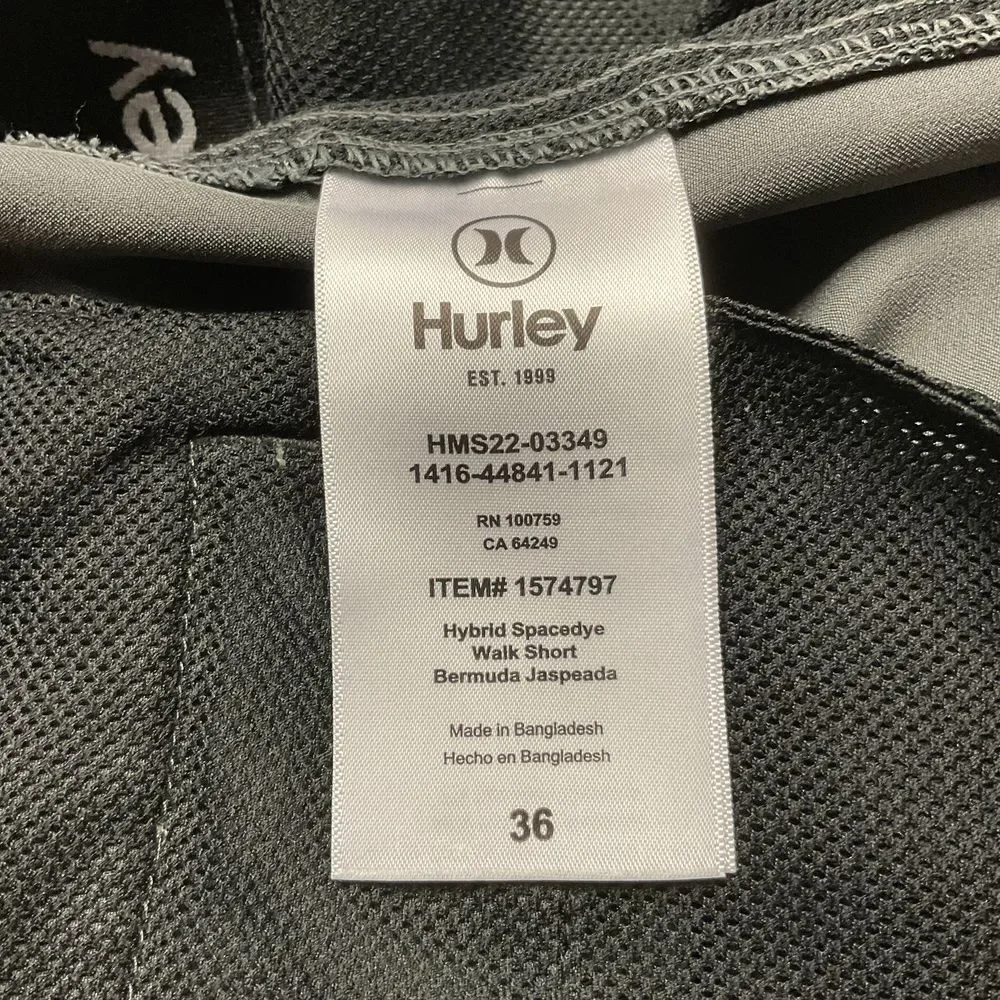 Hurley Men's Quick Dry Classic Fit Hybrid Walk Shorts‎ Size 36 Black Flat Front